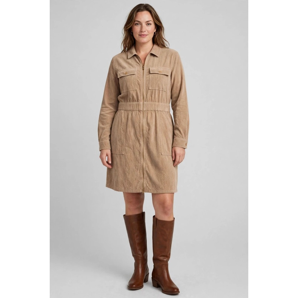 J. Crew Tan Wide-Wale Corduroy Zip-Front Shirtdress Women's 12 Fall Ready